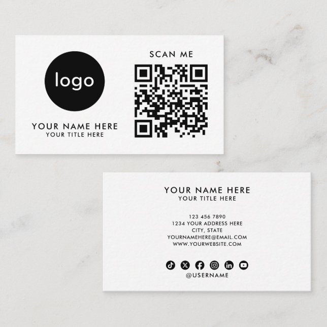 Kort QR-kod Logotyp Modern Vit Design (Fram/baksida)