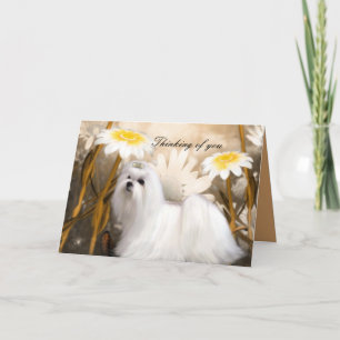 Kort Vitt Valp Hund Blommor "Tänker på dig"