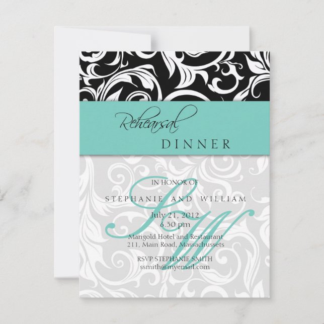 Kortet Aqua Swirl Monogram Rehearsal Dinner Card Inbjudningar (Framsida)