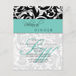 Kortet Aqua Swirl Monogram Rehearsal Dinner Card Inbjudningar