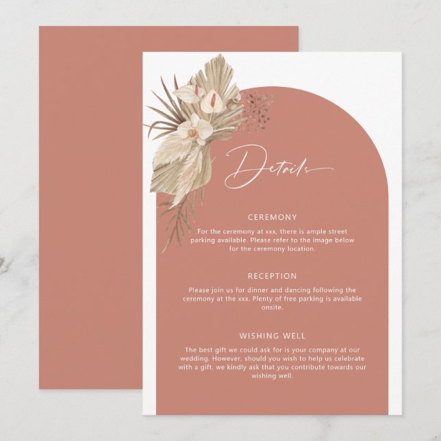 Kortet Boho Arch Pampas Grass - Information om dju Inbjudningar (Fram/baksida)