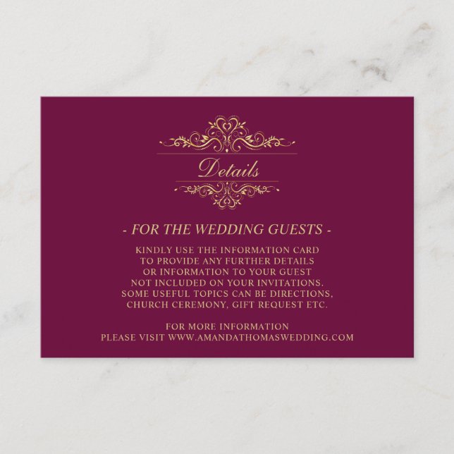 Kortet Burgundy Golden lyxury Bröllop Tilläggskort (Framsida)