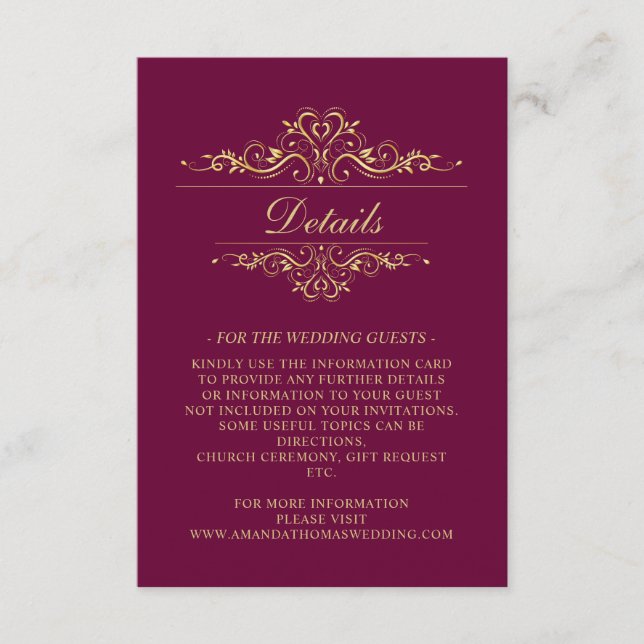 Kortet Burgundy Golden Ram Bröllop Tilläggskort (Framsida)