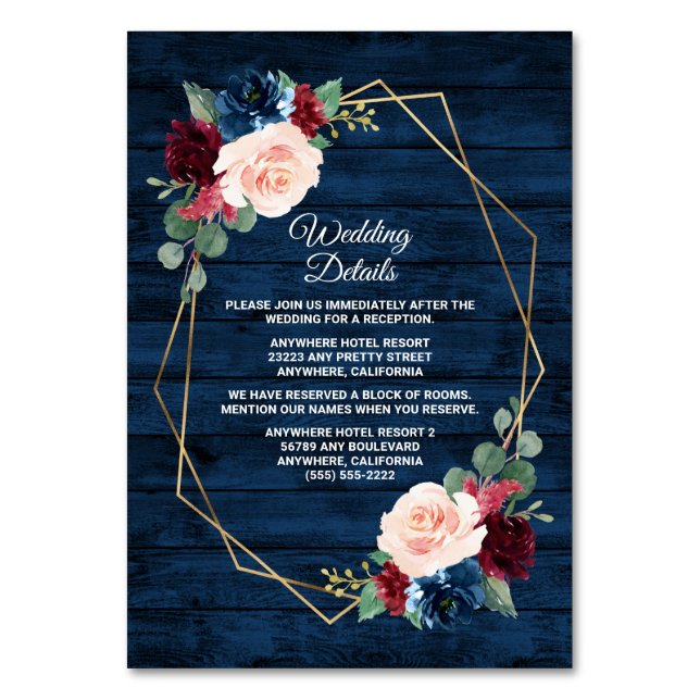 Kortet Burgundy Guld Rosa Bröllop Bordsnummer (Framsidan)