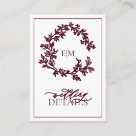 Kortet Burgundy Monogram Bröllop Information om hö Tilläggskort