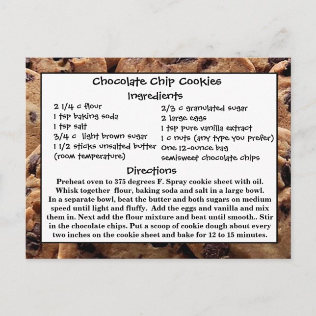 Kortet Chocolate Chip Cookies Recipe Card Postcard Vykort (Framsida)