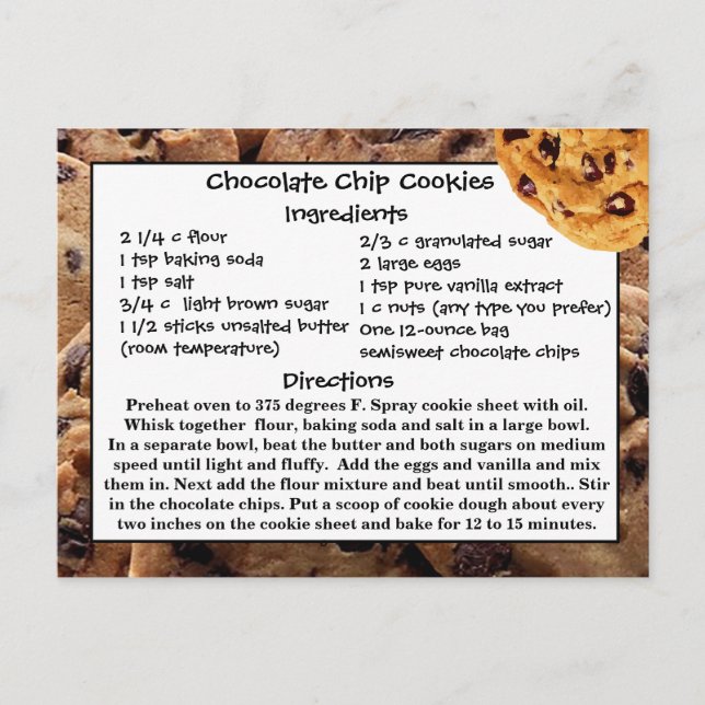 Kortet Chocolate Chip Cookies Recipe Card Postcard Vykort (Framsida)
