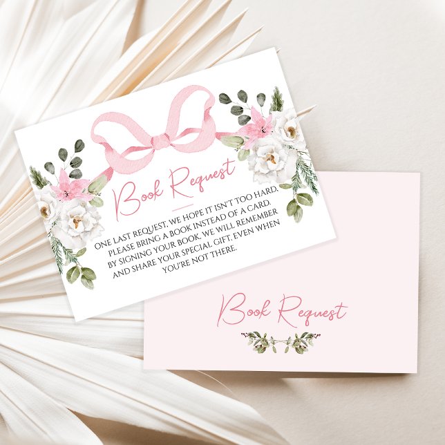 Kortet Croquette Rosa Bow Baby Shower Bok Request  Visitkort (Pink Bow Baby Shower Book Request Inserts, Coquette Pink Bow Baby Shower Invitation, Winter Floral)