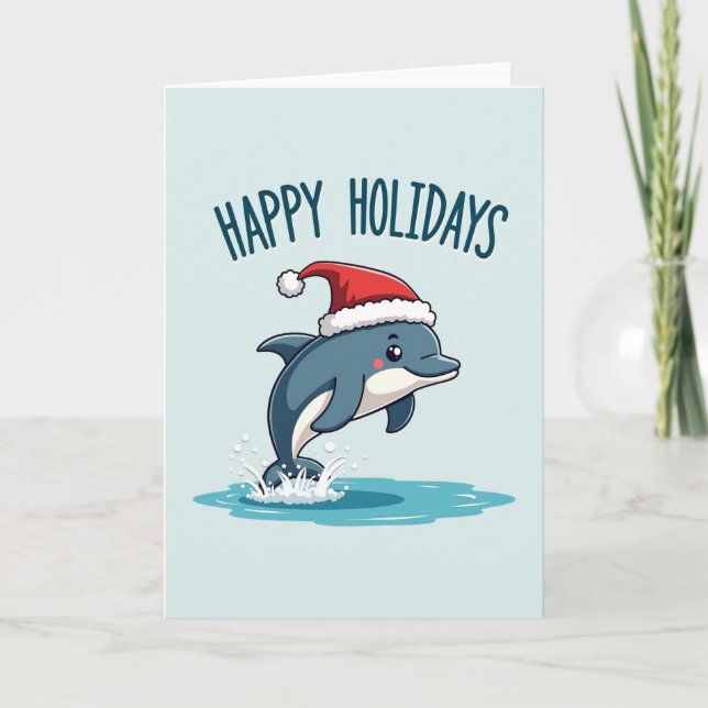 Kortet Cute Dolphin Glad helg Santa Hat Card Kort (Framsida)