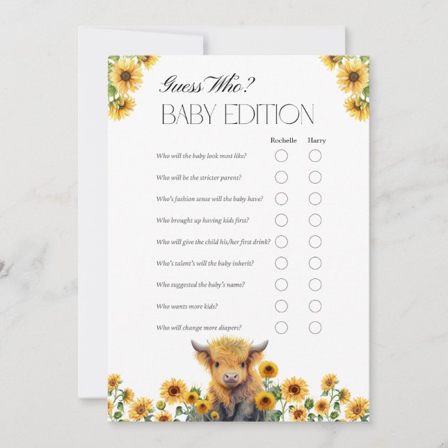 Kortet Cute Highland Cow Baby Shower Game Card Tack Kort (Framsida)