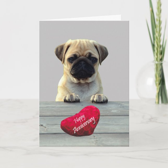 Kortet Cute Pug Wishing Lycklig-årsjubileum Kort (Framsida)