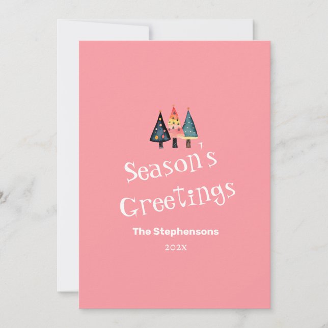 Kortet Cute Retro Julgranar Rosa - platta Helgdag Julkort (Framsida)