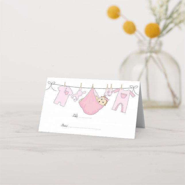 Kortet Cute Rosa Illustration Baby Shower Place Ca Placeringskort (Framsida)