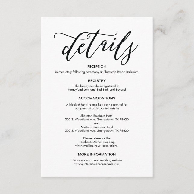 Kortet för Bröllop-detaljer för perfekt Tilläggskort (Framsida)
