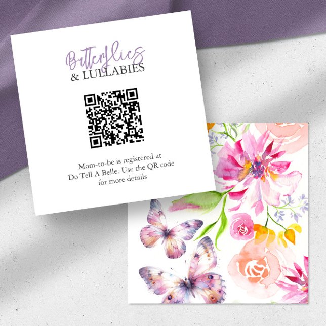 Kortet för Butterflies och Lullabies Registry Encl Tilläggskort (Baby shower invitation insert card purple butterfly theme floral art by Victoria Grigaliunas)