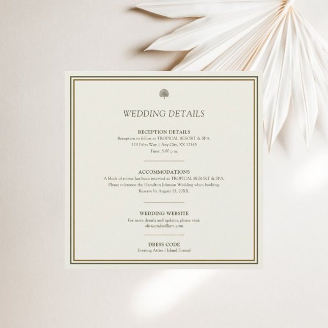 Kortet för detaljer om ivorianskt och Guld Bröllop Inbjudningar (Square wedding details card with timeless border design for elegant celebrations.)