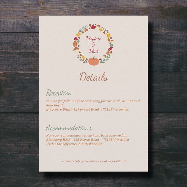 Kortet för information om andedräkt och fallbröllo tilläggskort (Wreath & Fall Wedding Details Enclosure Card)