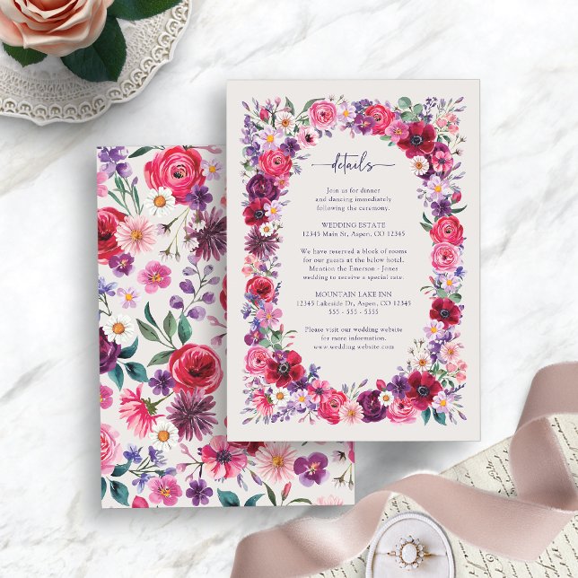 Kortet för information om fet Blommigt Tilläggskort (Bold Floral Watercolor Details Enclosure Card by Painted Paperie
)
