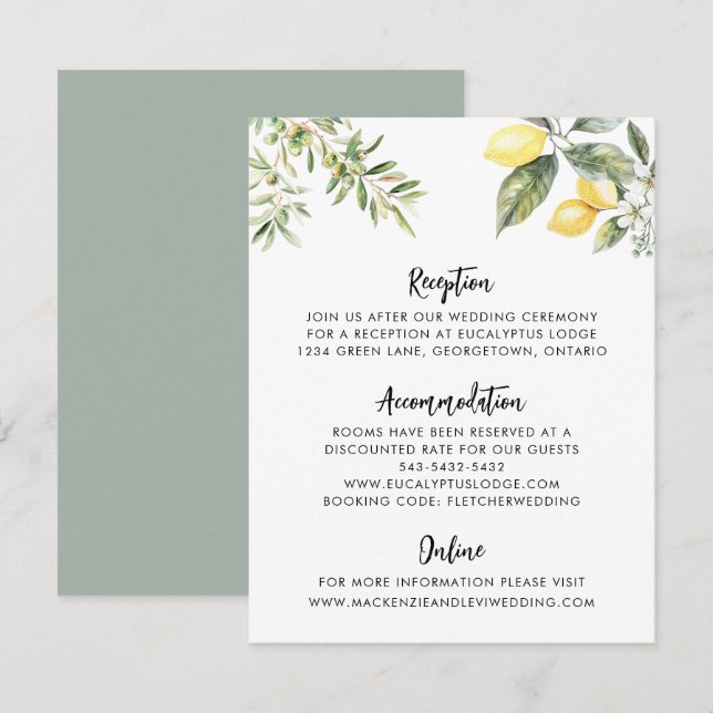 Kortet för information om Lemon Garden-bröllopet Tilläggskort (Fram/baksida)