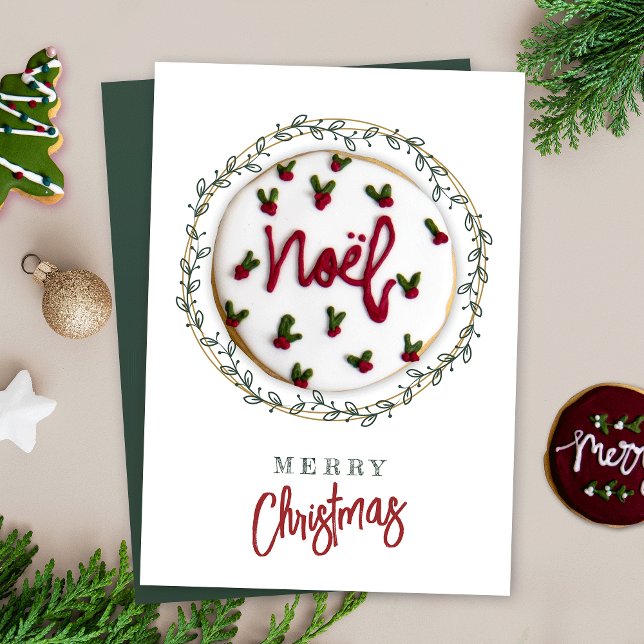 Kortet för jultomte, märkning av Greenery Bakery (Elegant Christmas cookie cards featuring greenery wreath design and space for your custom message)