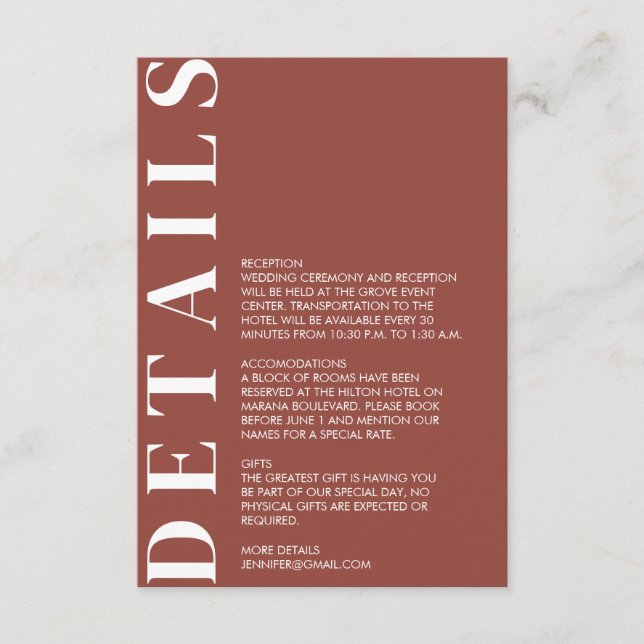 Kortet för minsta Kastanjens Bröllop-detaljer Tilläggskort (Framsida)