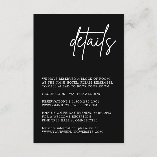 Kortet för svartvit Bröllop-information Tilläggskort (Framsida)