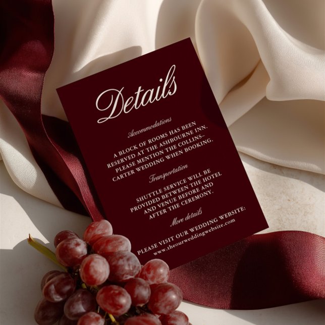 Kortet för webbplatshöljet elegant Burgundy Bröllo Tilläggskort (Elegant Burgundy Wedding Website Enclosure Card)