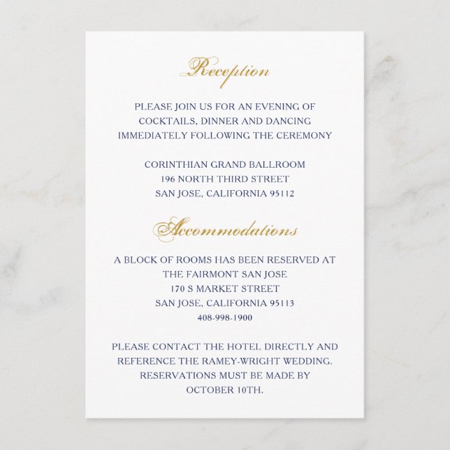 Kortet Guld och marinskt Bröllop Tilläggskort (Framsida)