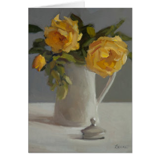 Kortet med gul ros blommar i vitvase. OBS kort