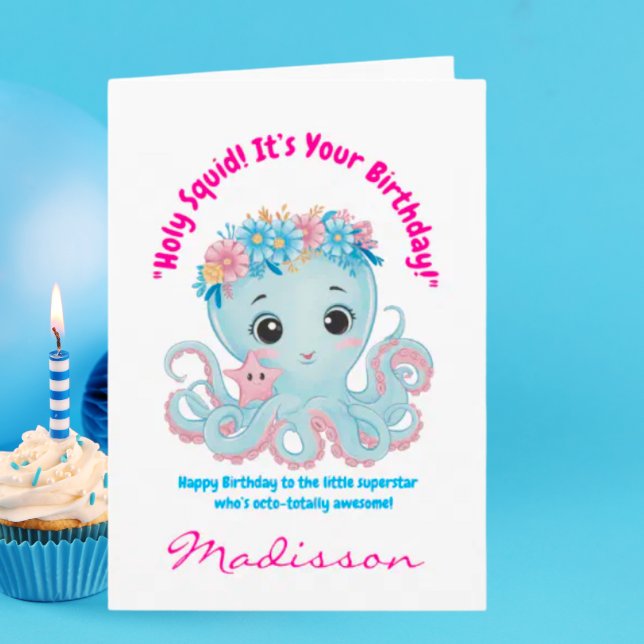 Kortet Octopus Girly Barns födelsedag i Blommigten Kort (Skapare uppladdad)