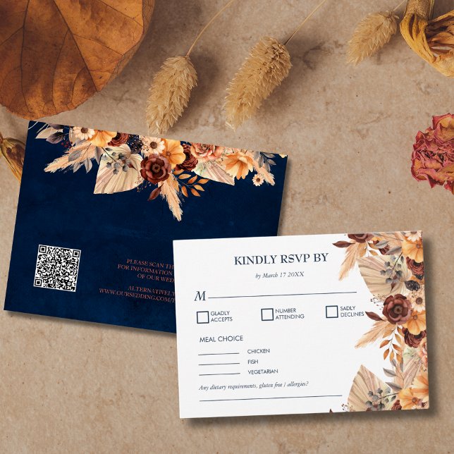 Kortet Pampas Grass Navy Blue Rust QR-kodhölje Anteckningskort (Skapare uppladdad)