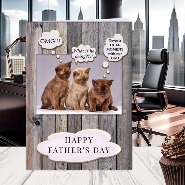 Kortet Pappa Fars dag Kort (A funny Father's Day card featuring 3 kittens wondering about dad's adventures)