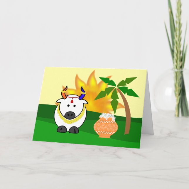 Kortet Pongal Pot, Cow och Träd Kort (Framsida)