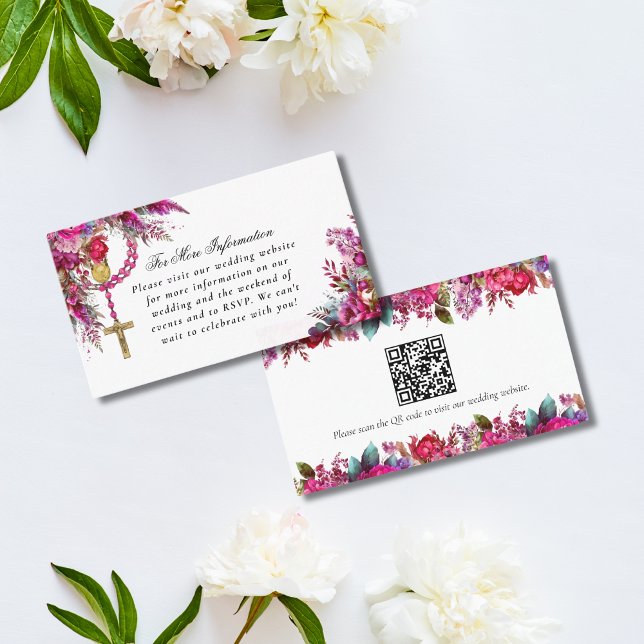 Kortet QR-hölje för katolsk Bröllop-webbplats, mag Visitkort (Magenta pink floral Catholic wedding enclosure card with QR code and wedding website info)