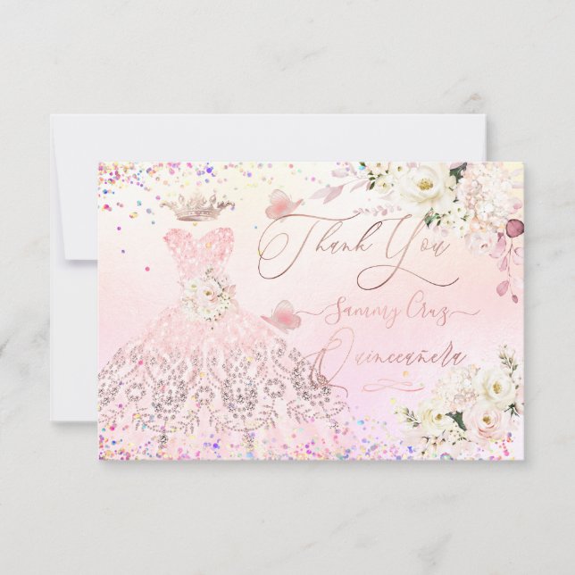 Kortet Quinceanera Tack  Rosa Glitter Gown Card Inbjudningar (Framsida)