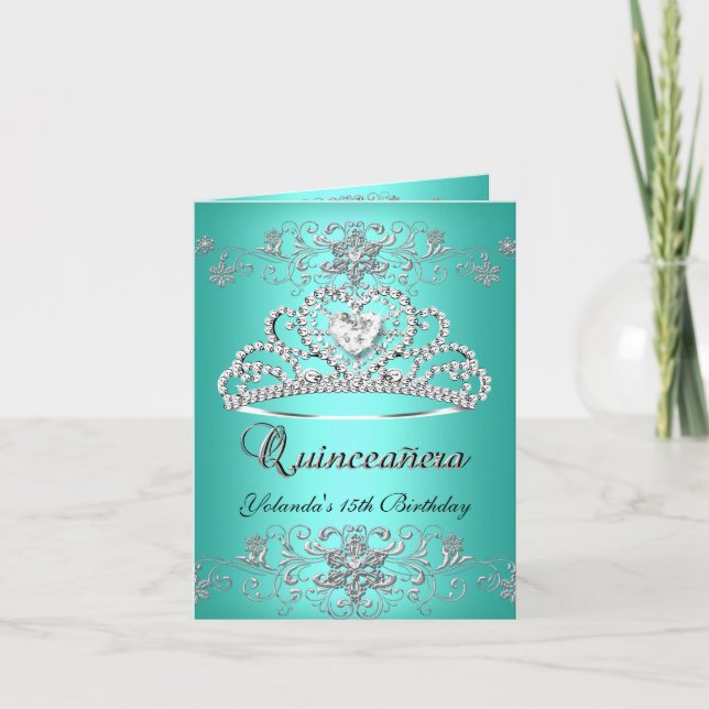 Kortet Quinceanera Teal Glitter Tiara Photo Inbjudan (Framsida)