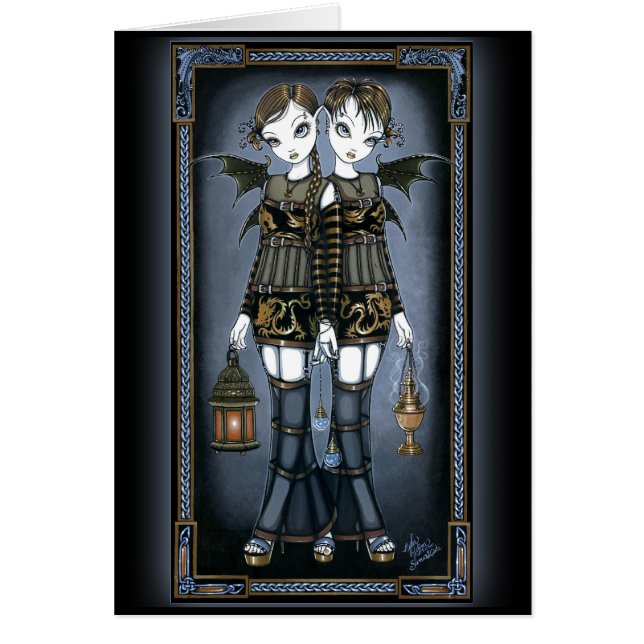 Kortet "Sienna & Celeste" Dragon Twin Älvors Art C Hälsningskort (Framsidan)