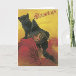 Kortet Witch och Black Cat Halloween Kort