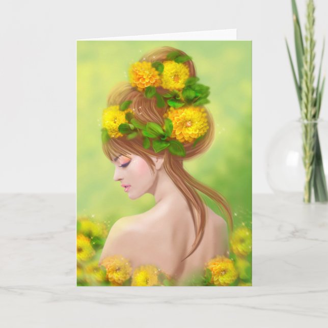 Kortets vackra kvinna i gula blommor kort (Framsida)
