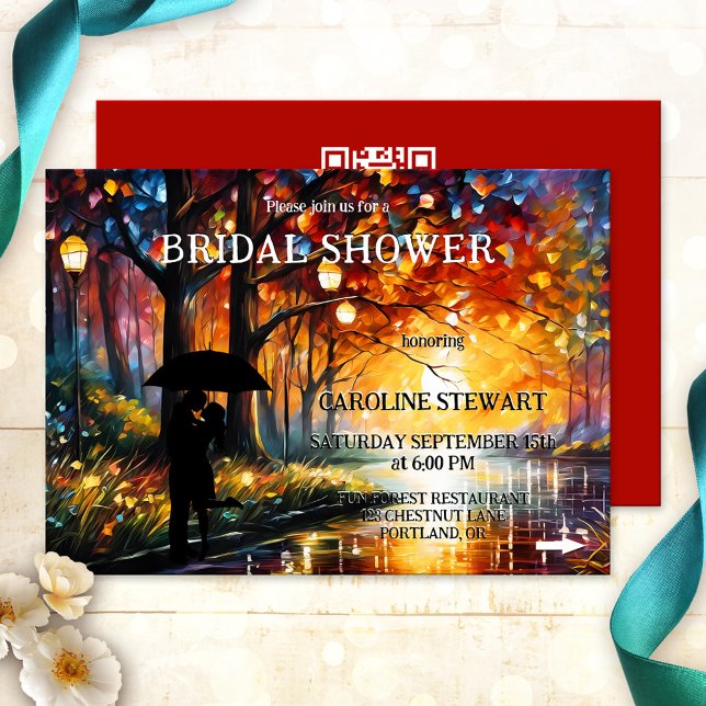 Kortfärgad konstnärlig Möhippa Inbjudningar (Fun and unique colorful bridal shower invitation featuring a couple with umbrella)