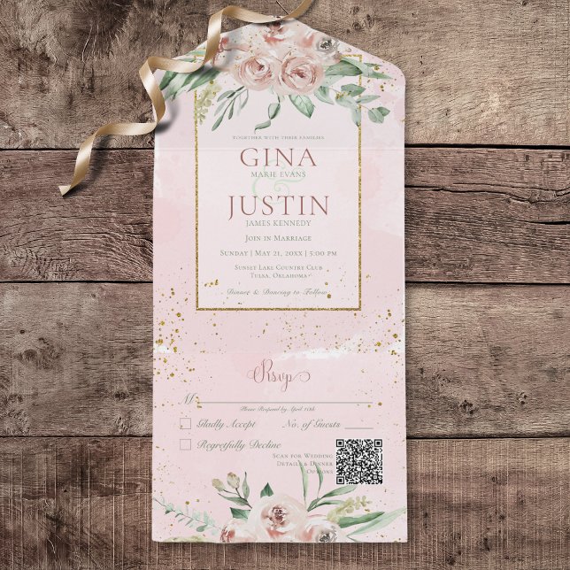 Kortikkoden för  Rosa ros-accenter QR för Guld (Rustic Blush Pink Roses Gold Accents All In One Wedding Invitation with QR Code)