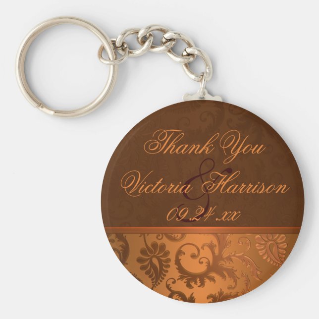 Kortkedjan Copper and Brown Damask Wedding Favor K Nyckelring (Framsidan)