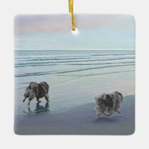 Kortkommandon vid Hund Seashore Painting Art Julgransprydnad Keramik