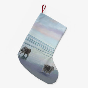 Kortkommandon vid Hund Seashore Painting Art Liten Julstrumpa