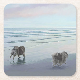 Kortkommandon vid Hund Seashore Painting Art Underlägg Papper Kvadrat