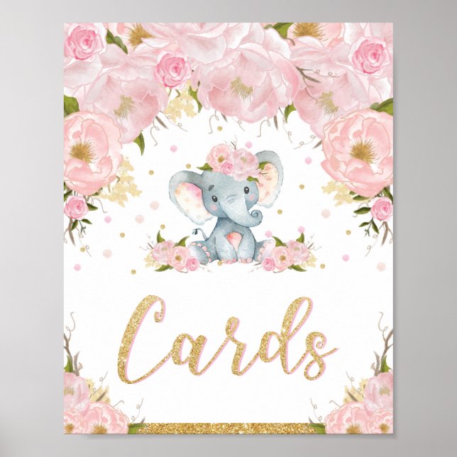 Kortskylt Poster Elephant Birthday Baby Shower (Framsidan)