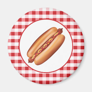 Korv Snabbmat Illustration På Rött Rutigt Tyg Magnet