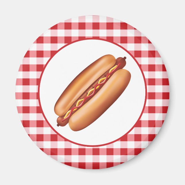 Korv Snabbmat Illustration På Rött Rutigt Tyg Magnet (Framsidan)
