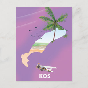 Kos Grekland illustrerad karta. Vykort