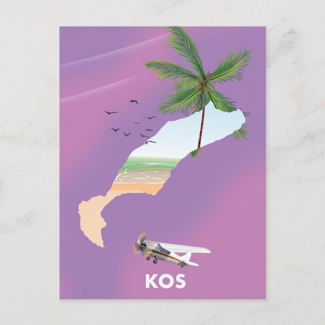 Kos Grekland illustrerad karta. Vykort (Framsida)